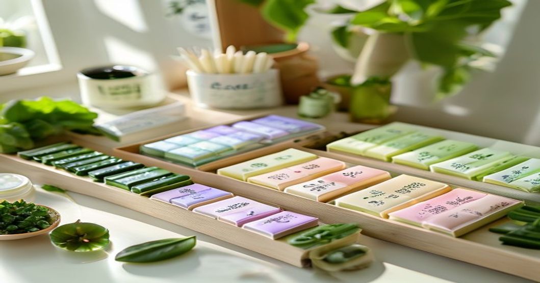 Collection of colorful Korean sheet masks displayed on a clean vanity with skincare ingredients nearby