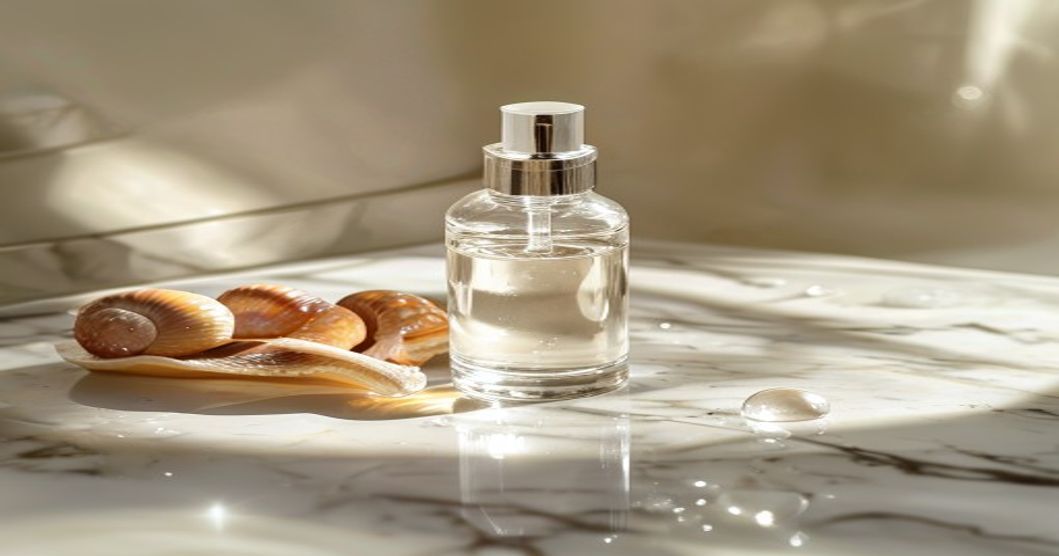 snail mucin essence bottle with droplet and natural elements on marble surface