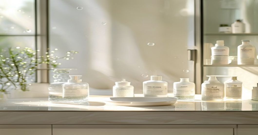 Korean glass skin products arranged on a clean vanity with natural morning light