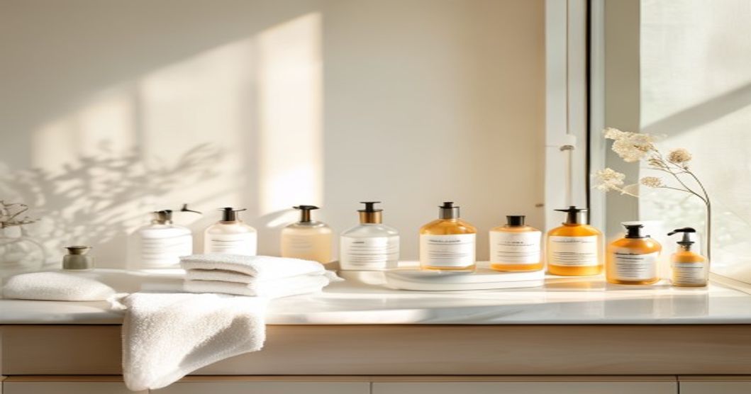 10-step Korean skincare routine products arranged in order on a clean bathroom vanity