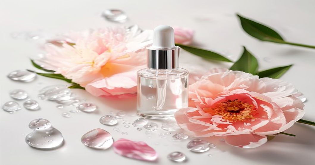 Korean hyaluronic acid serum for sensitive skin in a glass bottle with water droplets and pink flower
