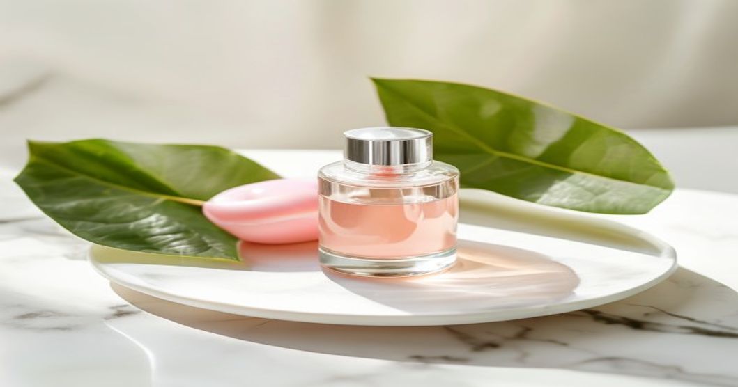 Snail mucin essence bottle displayed on marble with green botanical elements, showing the translucent serum texture