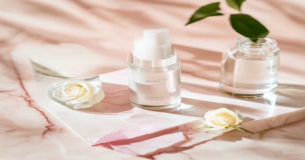Korean 10-step skincare routine products for aging skin arranged on marble, minimalist K-beauty flat lay