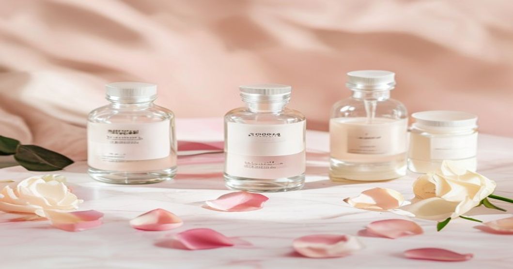 Korean skincare routine products for hyperpigmentation displayed on marble with minimal pink aesthetic