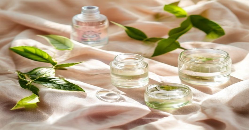 Korean 10-step skincare routine products for textured skin arranged on pink cloth with minimalist glass-skin aesthetic
