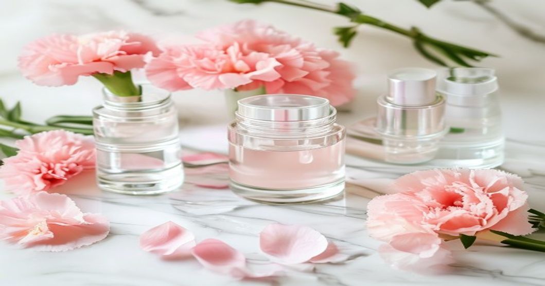 Korean 10-step skincare routine for dull complexion products arranged on marble surface