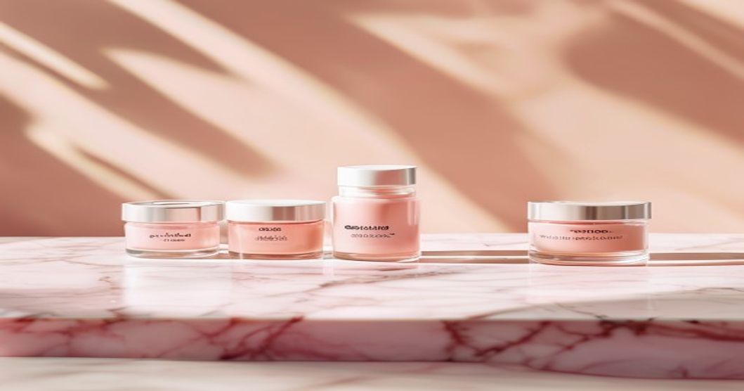 Korean 10-step skincare routine for enlarged pores and oily T-zone products laid out on pink marble