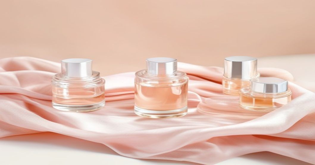 Minimalist Korean skincare products arranged in a flat-lay with glass bottles and serums, representing the 10-step routine for clogged pores