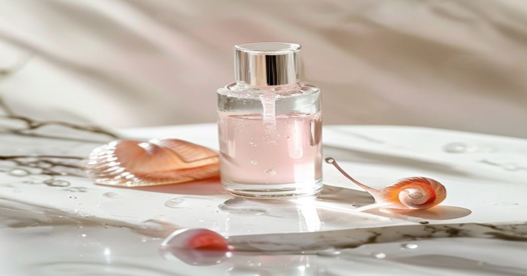 snail mucin essence bottle with water droplets on marble, K-beauty minimalist styling