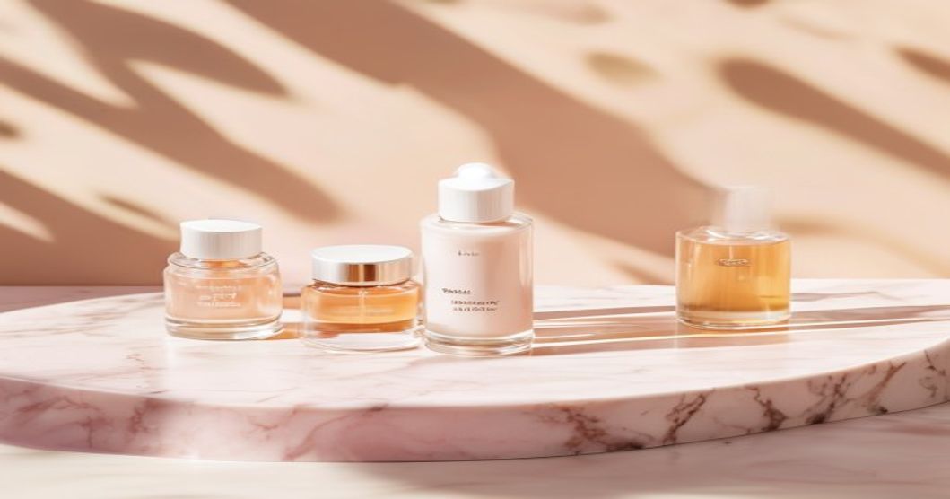 Korean 10-step skincare routine products for post-acne scars and texture arranged on a pink marble surface with minimal styling