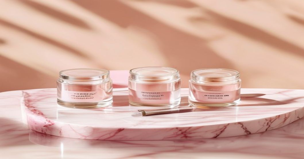 Korean peptide eye cream and complementary skincare products for fine lines on marble surface