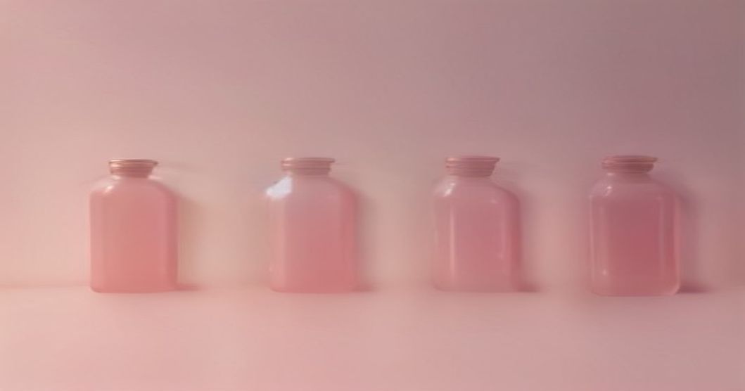 Korean 10-step skincare routine products for fine lines and firmness displayed on minimal pink marble surface