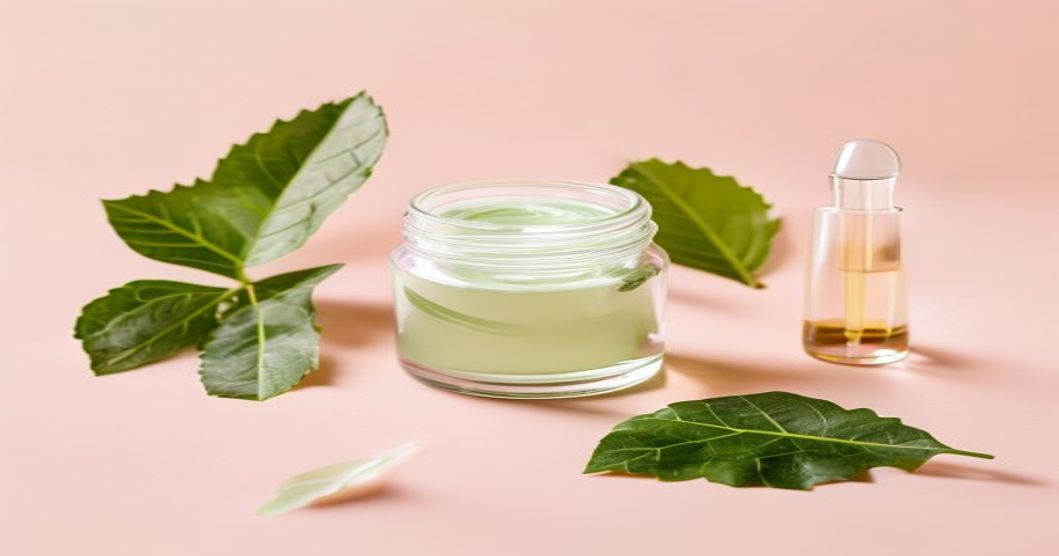 Korean centella asiatica cream in a glass jar with fresh centella leaves for rosacea and redness relief