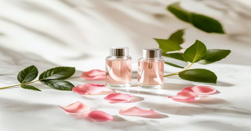 Korean bakuchiol serum for anti-aging on white marble with pink props and plant leaves