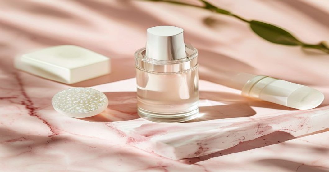Korean skincare products for combination acne-prone skin arranged on marble with jade roller