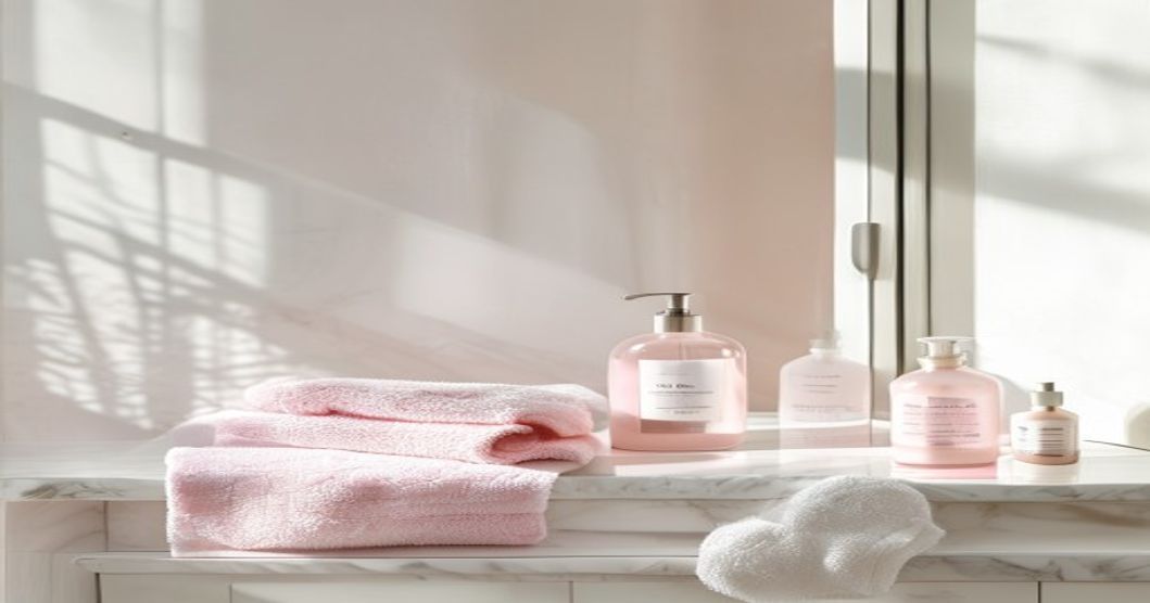 Korean 10-step skincare routine products for oily acne-prone skin displayed on white surface with minimal pink aesthetic