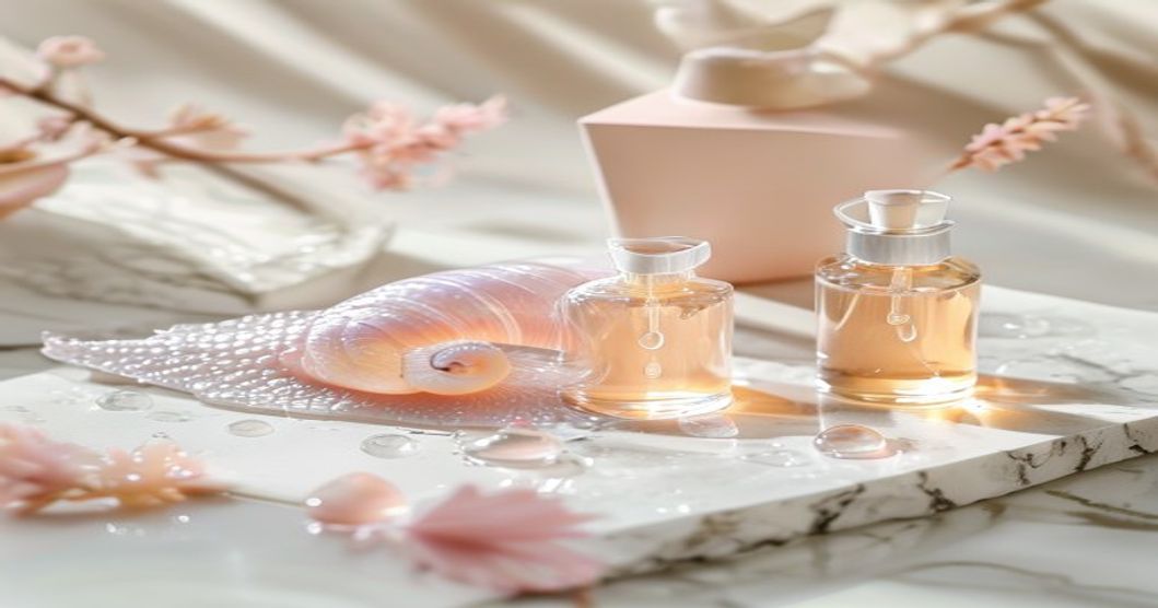 Best snail mucin essence bottles displayed on white marble with water droplets and pink accessories, Korean skincare aesthetic