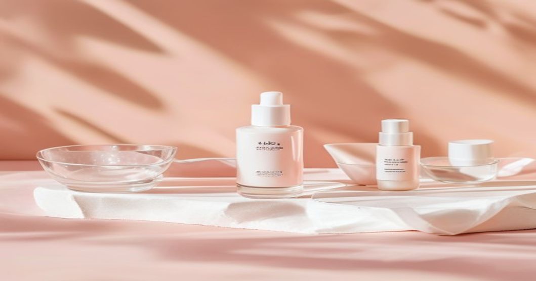 Korean 10-step skincare routine bottles and products for dry sensitive skin arranged on a soft background