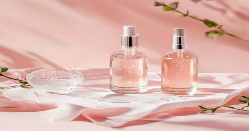 Korean niacinamide toner bottles arranged on pink surface for pore minimizing skincare