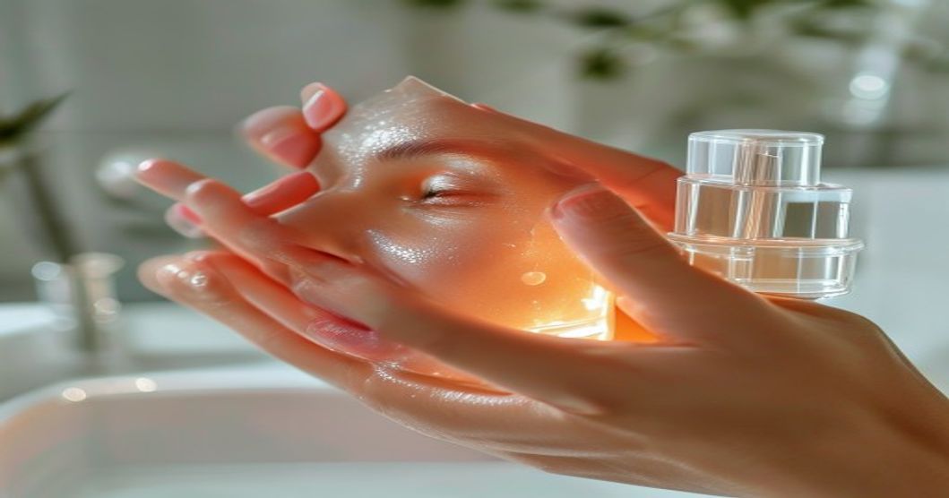 Applying snail mucin essence to face during multi-step skincare routine