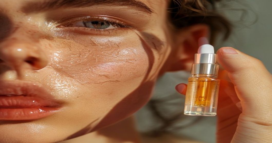 Close-up of pitted post-acne skin texture being treated with K-beauty essence serum