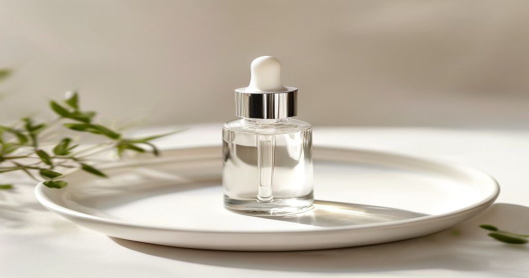 Korean bakuchiol serum dropper bottle close-up with plant sprig, anti-aging skincare