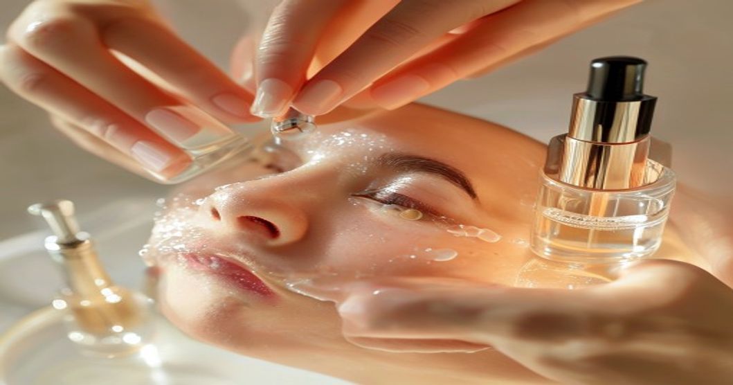 Applying Korean hydrating essence and serum to oily acne-prone skin during K-beauty routine