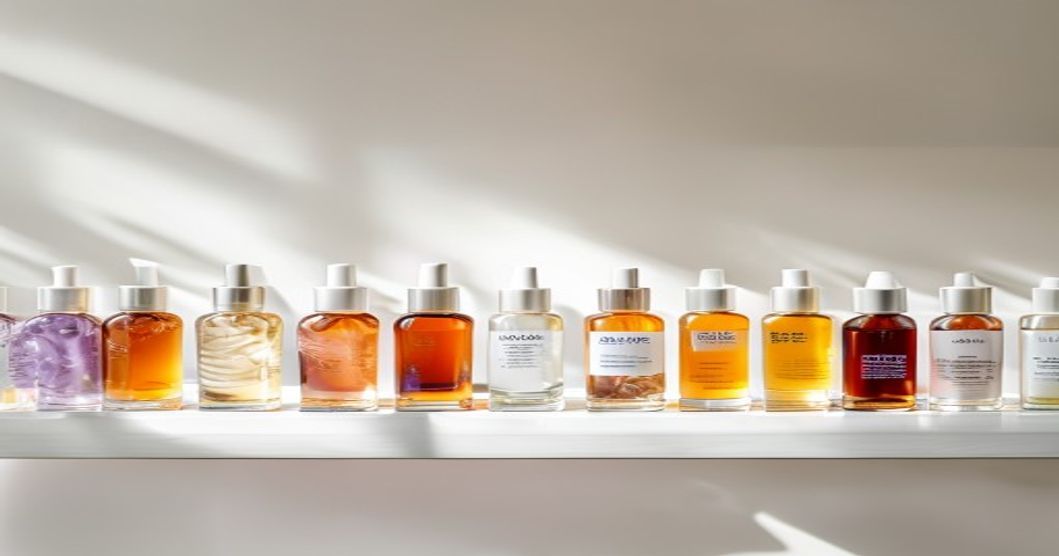 Variety of Korean hyaluronic acid serum formulations showing different viscosity levels