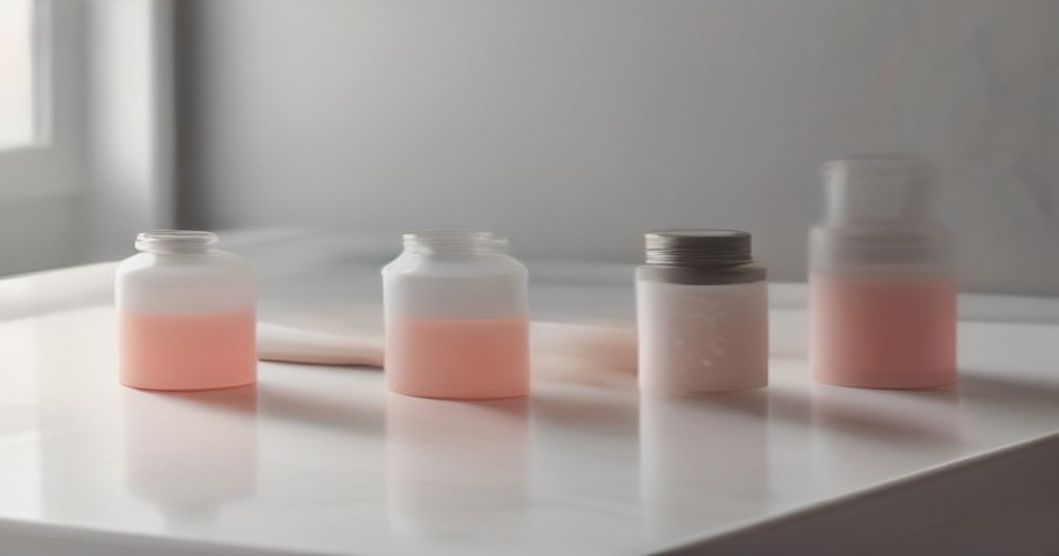 Korean 10-step skincare routine products arranged on white marble with soft pink accents and natural lighting