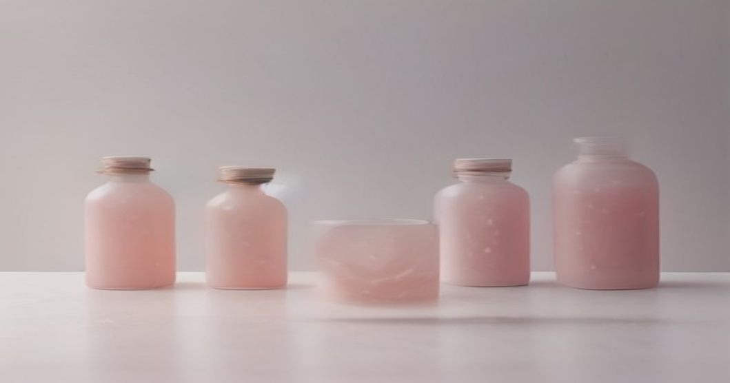 Korean 10-step skincare routine products for combination skin arranged on marble, minimal aesthetic